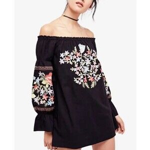NWOT Free People Black Fleur Du Jour Embroidered Off Shoulder Mini Dress, XS